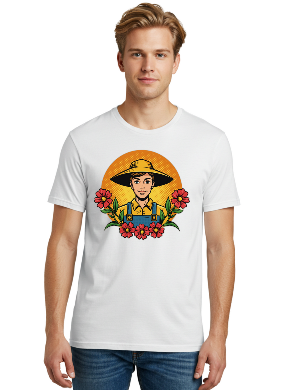 Farmer-With-Flowers Men'S Graphic Tee, 100% Cotton, Comfortable Casual Summer Wear, Machine Washable, Young Farmer, Gardening, Flowers, Floral Arrangement, Gardening Overall, Yellow Hat, Red Flowers, Gardening Illustration, Agricultural Theme, Baa661
