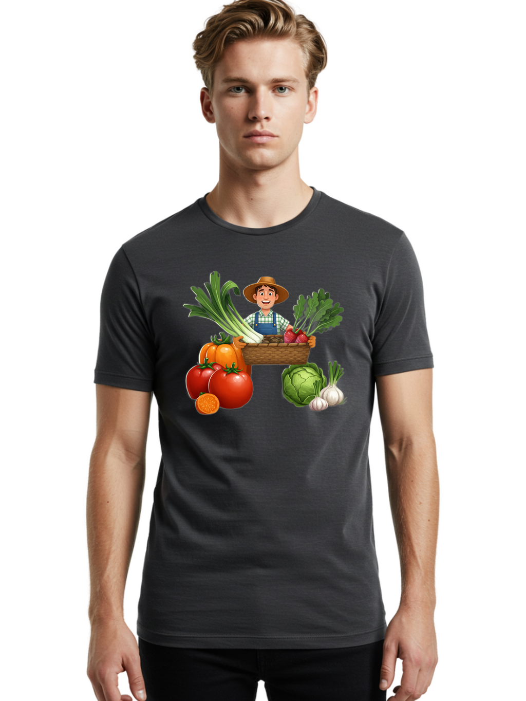 Farmer-With-Harvest Men'S Graphic Tee, 100% Cotton, Comfortable Casual Summer Wear, Machine Washable, Happy Farmer, Fresh Produce, Harvest Basket, Organic Vegetables, Tomatoes, Cabbage, Garlic, Leeks, Beets, Farmer'S Market, Local Produce, Baa662
