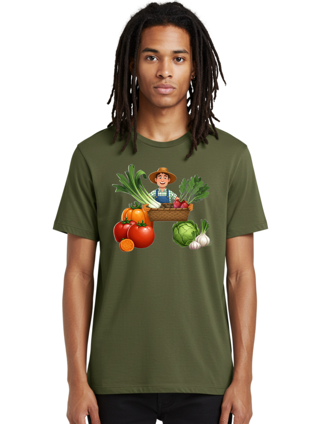 Farmer-With-Harvest Men'S Graphic Tee, 100% Cotton, Comfortable Casual Summer Wear, Machine Washable, Happy Farmer, Fresh Produce, Harvest Basket, Organic Vegetables, Tomatoes, Cabbage, Garlic, Leeks, Beets, Farmer'S Market, Local Produce, Baa662