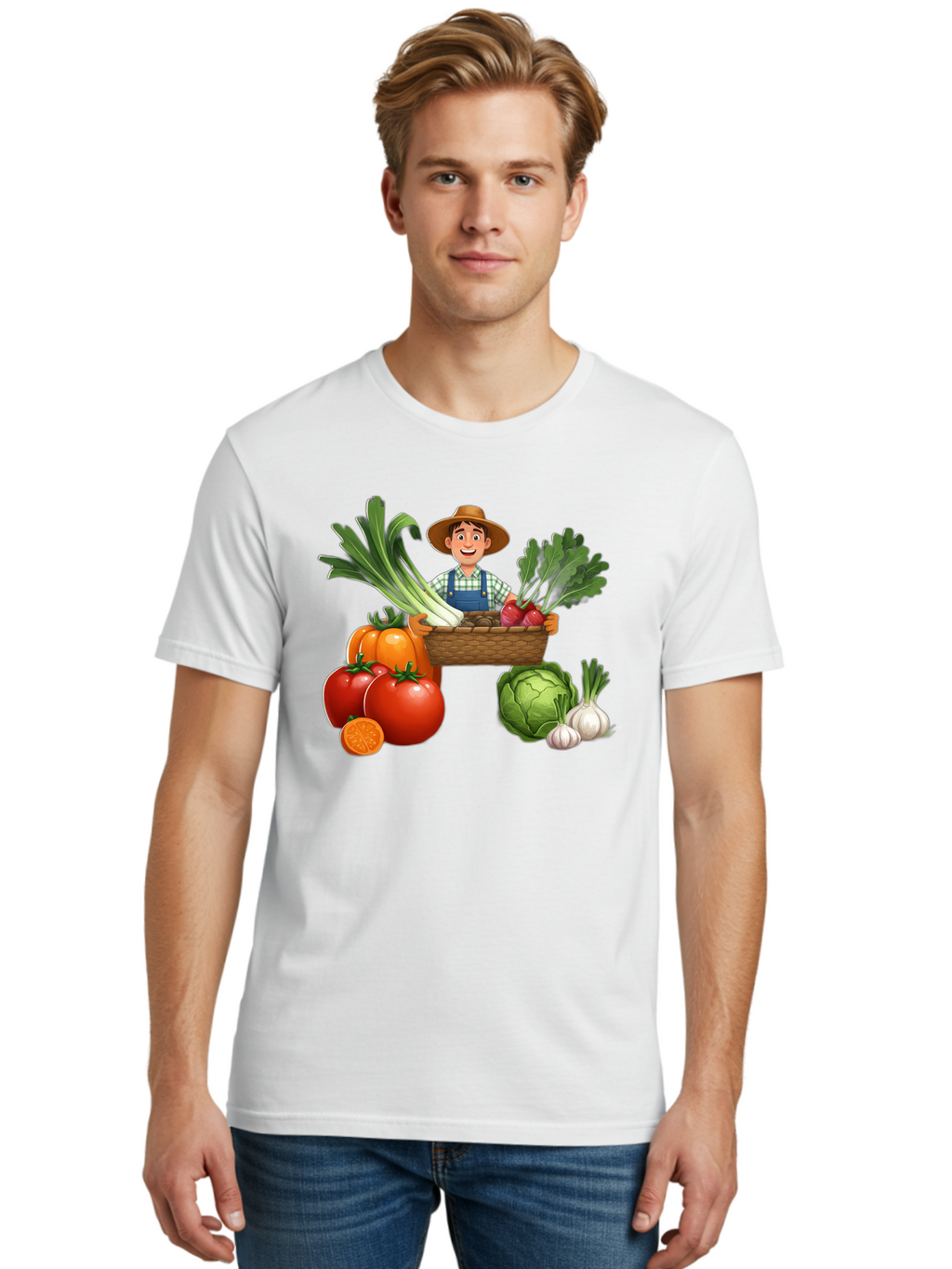 Farmer-With-Harvest Men'S Graphic Tee, 100% Cotton, Comfortable Casual Summer Wear, Machine Washable, Happy Farmer, Fresh Produce, Harvest Basket, Organic Vegetables, Tomatoes, Cabbage, Garlic, Leeks, Beets, Farmer'S Market, Local Produce, Baa662