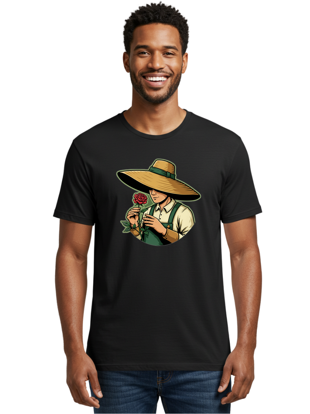 Farmer-With-Rose Men'S Graphic Tee, 100% Cotton, Comfortable Casual Summer Wear, Machine Washable, Gardener Holding Rose, Farmer With Flower, Straw Hat, Green Overall, Red Rose, Gardening, Nature Lover, Rustic Charm, Countryside Style Baa663