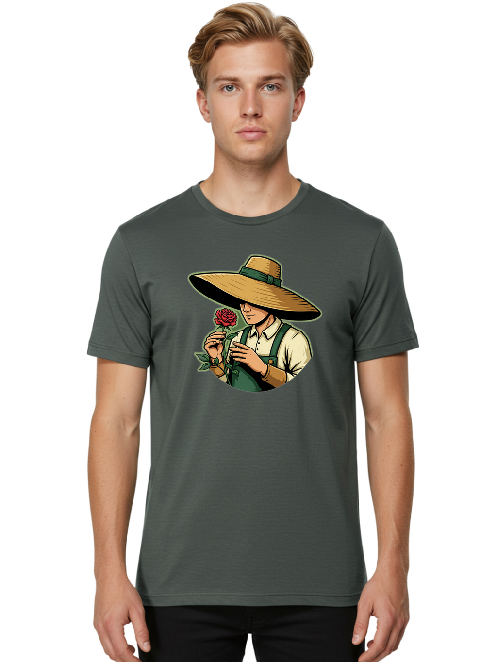 Farmer-With-Rose Men'S Graphic Tee, 100% Cotton, Comfortable Casual Summer Wear, Machine Washable, Gardener Holding Rose, Farmer With Flower, Straw Hat, Green Overall, Red Rose, Gardening, Nature Lover, Rustic Charm, Countryside Style Baa663