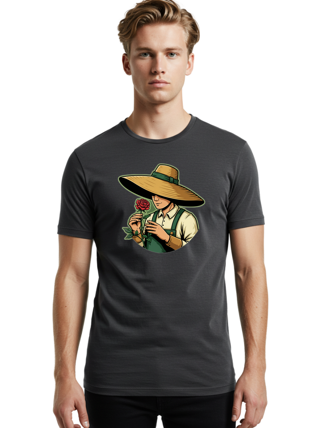 Farmer-With-Rose Men'S Graphic Tee, 100% Cotton, Comfortable Casual Summer Wear, Machine Washable, Gardener Holding Rose, Farmer With Flower, Straw Hat, Green Overall, Red Rose, Gardening, Nature Lover, Rustic Charm, Countryside Style Baa663