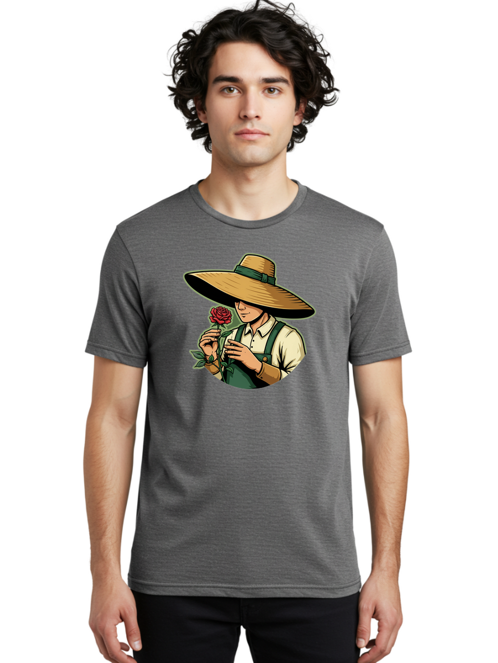 Farmer-With-Rose Men'S Graphic Tee, 100% Cotton, Comfortable Casual Summer Wear, Machine Washable, Gardener Holding Rose, Farmer With Flower, Straw Hat, Green Overall, Red Rose, Gardening, Nature Lover, Rustic Charm, Countryside Style Baa663