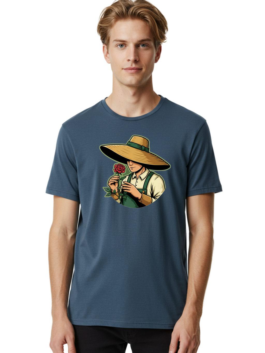 Farmer-With-Rose Men'S Graphic Tee, 100% Cotton, Comfortable Casual Summer Wear, Machine Washable, Gardener Holding Rose, Farmer With Flower, Straw Hat, Green Overall, Red Rose, Gardening, Nature Lover, Rustic Charm, Countryside Style Baa663