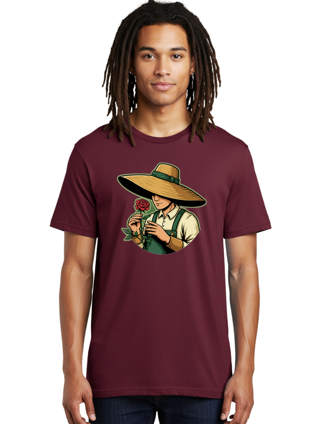 Farmer-With-Rose Men'S Graphic Tee, 100% Cotton, Comfortable Casual Summer Wear, Machine Washable, Gardener Holding Rose, Farmer With Flower, Straw Hat, Green Overall, Red Rose, Gardening, Nature Lover, Rustic Charm, Countryside Style Baa663