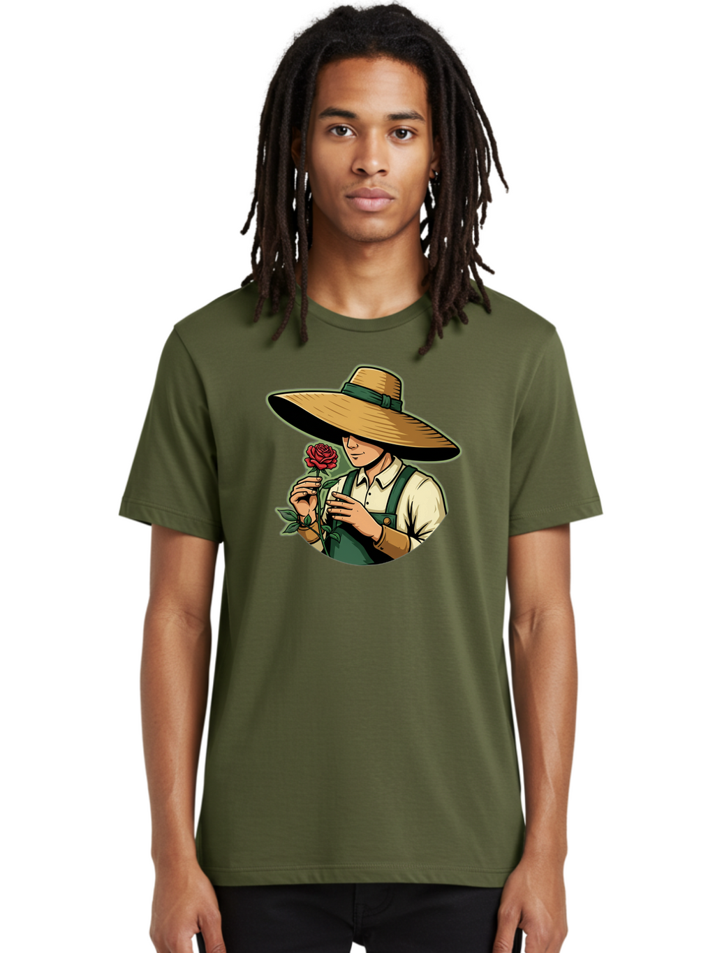 Farmer-With-Rose Men'S Graphic Tee, 100% Cotton, Comfortable Casual Summer Wear, Machine Washable, Gardener Holding Rose, Farmer With Flower, Straw Hat, Green Overall, Red Rose, Gardening, Nature Lover, Rustic Charm, Countryside Style Baa663
