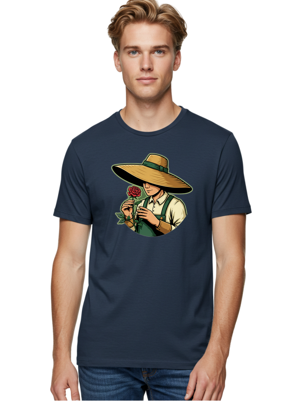 Farmer-With-Rose Men'S Graphic Tee, 100% Cotton, Comfortable Casual Summer Wear, Machine Washable, Gardener Holding Rose, Farmer With Flower, Straw Hat, Green Overall, Red Rose, Gardening, Nature Lover, Rustic Charm, Countryside Style Baa663
