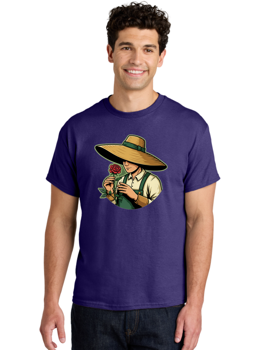 Farmer-With-Rose Men'S Graphic Tee, 100% Cotton, Comfortable Casual Summer Wear, Machine Washable, Gardener Holding Rose, Farmer With Flower, Straw Hat, Green Overall, Red Rose, Gardening, Nature Lover, Rustic Charm, Countryside Style Baa663