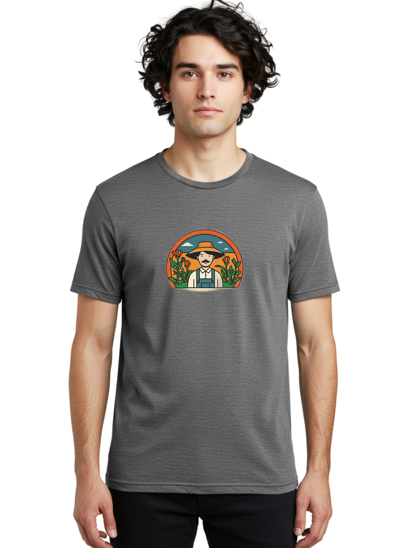 Farmer-With-Tulips Men'S Graphic Tee, 100% Cotton, Comfortable Casual Summer Wear, Machine Washable, Man In Overalls And Hat, Flowers, Gardening, Farming, Floral Arrangements, Agriculture, Mustachioed Man, Rustic Charm, Countryside, Baa664