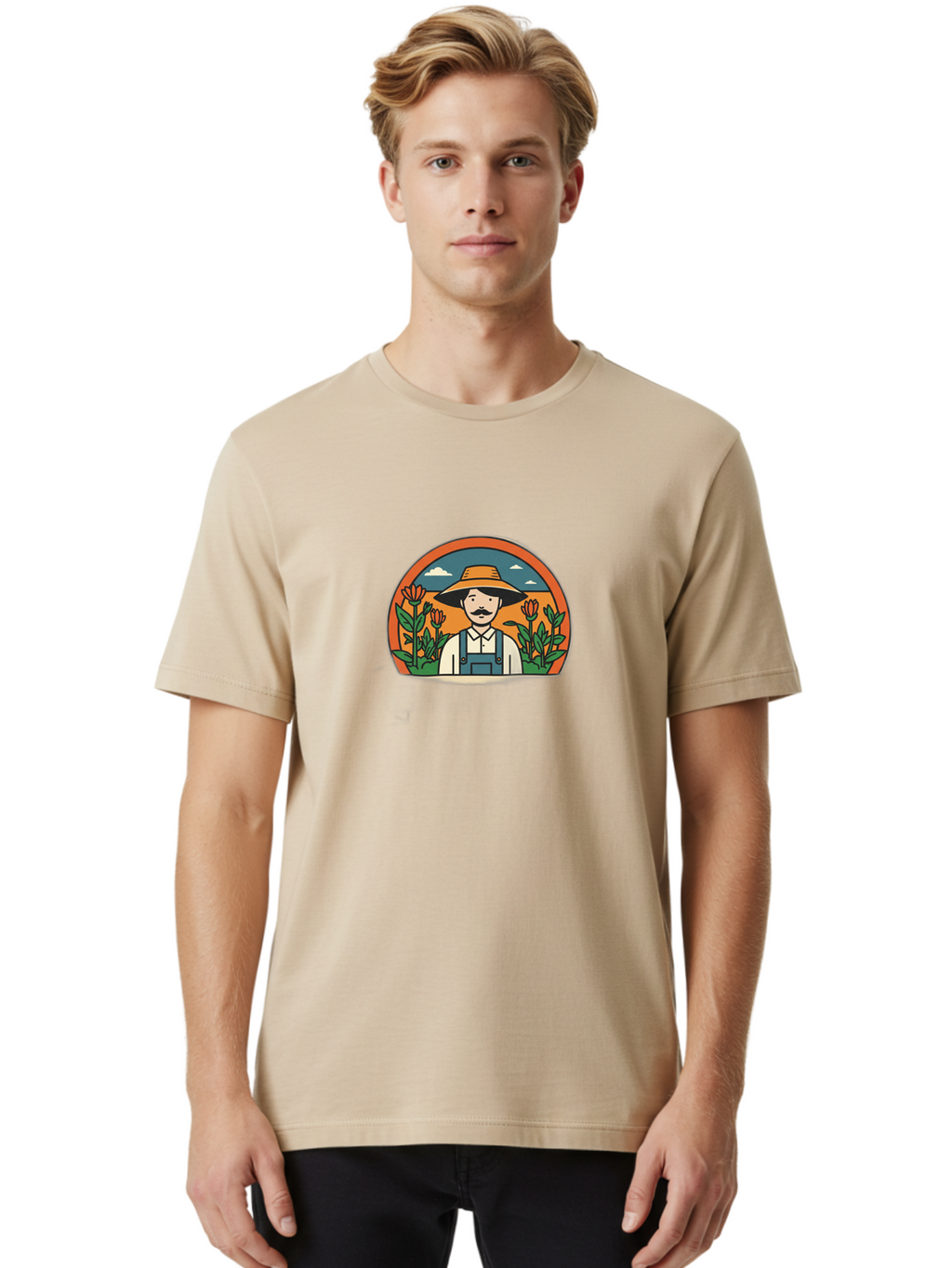 Farmer-With-Tulips Men'S Graphic Tee, 100% Cotton, Comfortable Casual Summer Wear, Machine Washable, Man In Overalls And Hat, Flowers, Gardening, Farming, Floral Arrangements, Agriculture, Mustachioed Man, Rustic Charm, Countryside, Baa664