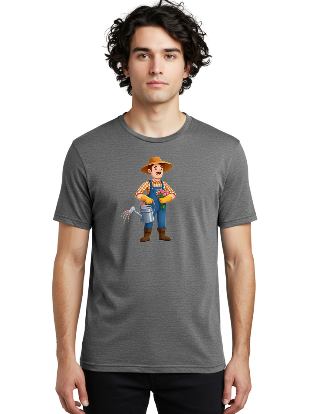 Farmer-With-Watering-Can Men'S Graphic Tee, 100% Cotton, Comfortable Casual Summer Wear, Machine Washable, Gardener Watering Plants, Bouquet Of Flowers, Gardening Tools, Rustic Clothing, Outdoor Activities, Plant Care, Gardening Lifestyle, Baa665