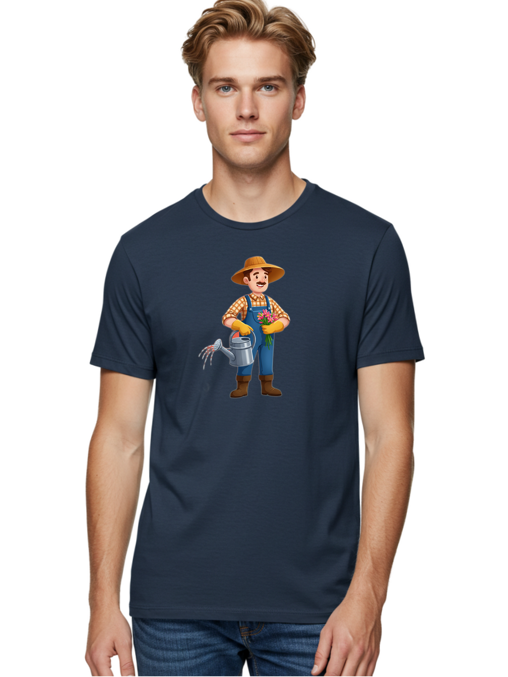 Farmer-With-Watering-Can Men'S Graphic Tee, 100% Cotton, Comfortable Casual Summer Wear, Machine Washable, Gardener Watering Plants, Bouquet Of Flowers, Gardening Tools, Rustic Clothing, Outdoor Activities, Plant Care, Gardening Lifestyle, Baa665