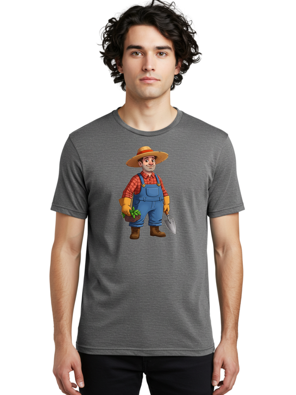 Farmer Men'S Graphic Tee, 100% Cotton, Comfortable Casual Summer Wear, Machine Washable, Gardener Holding Plant And Shovel, Gardening Tools, Outdoor Work, Farming Attire, Plaid Shirt, Overalls, Straw Hat, Agricultural Work, Gardening Gloves Baa666