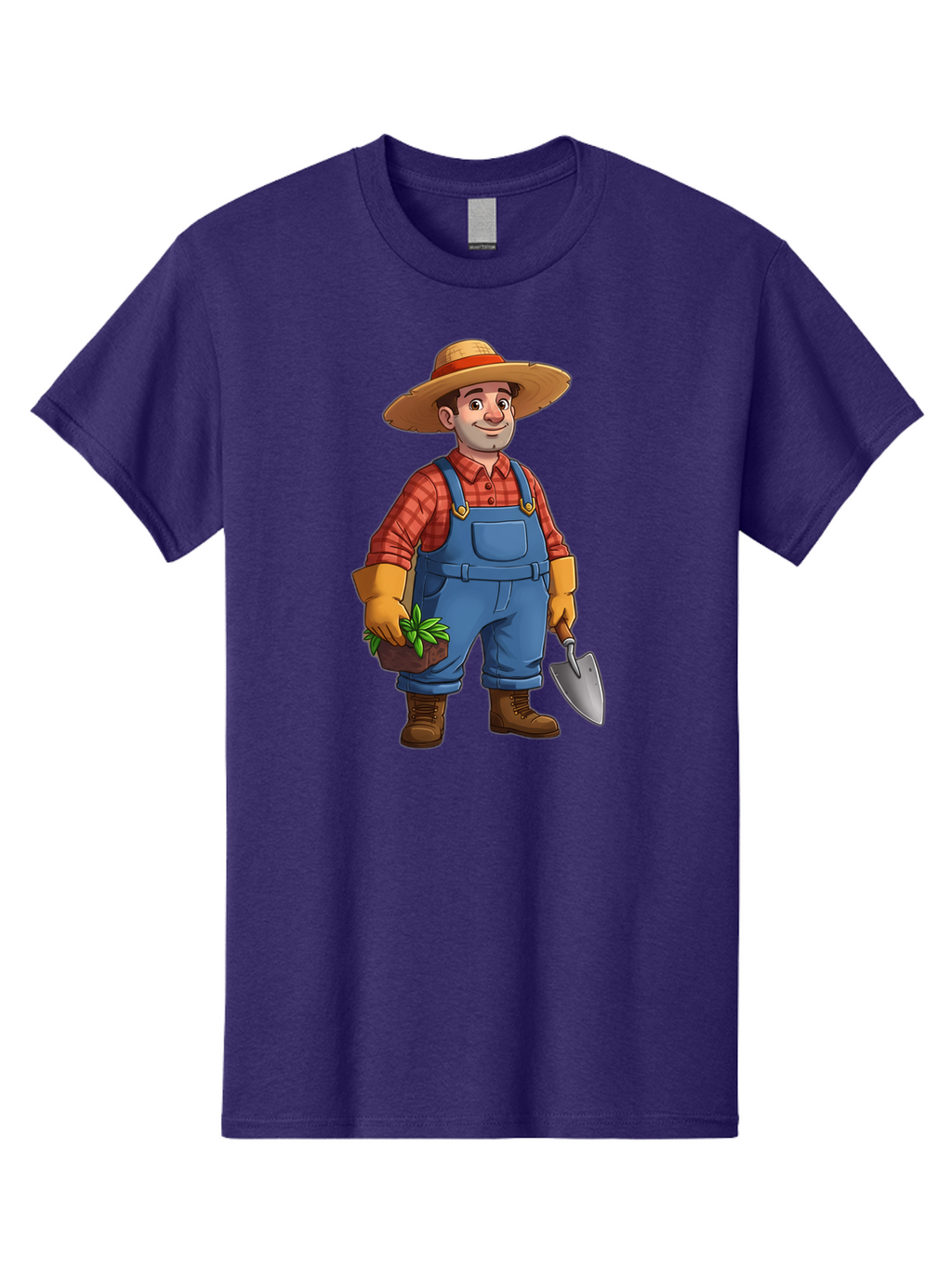 Farmer Men'S Graphic Tee, 100% Cotton, Comfortable Casual Summer Wear, Machine Washable, Gardener Holding Plant And Shovel, Gardening Tools, Outdoor Work, Farming Attire, Plaid Shirt, Overalls, Straw Hat, Agricultural Work, Gardening Gloves Baa666
