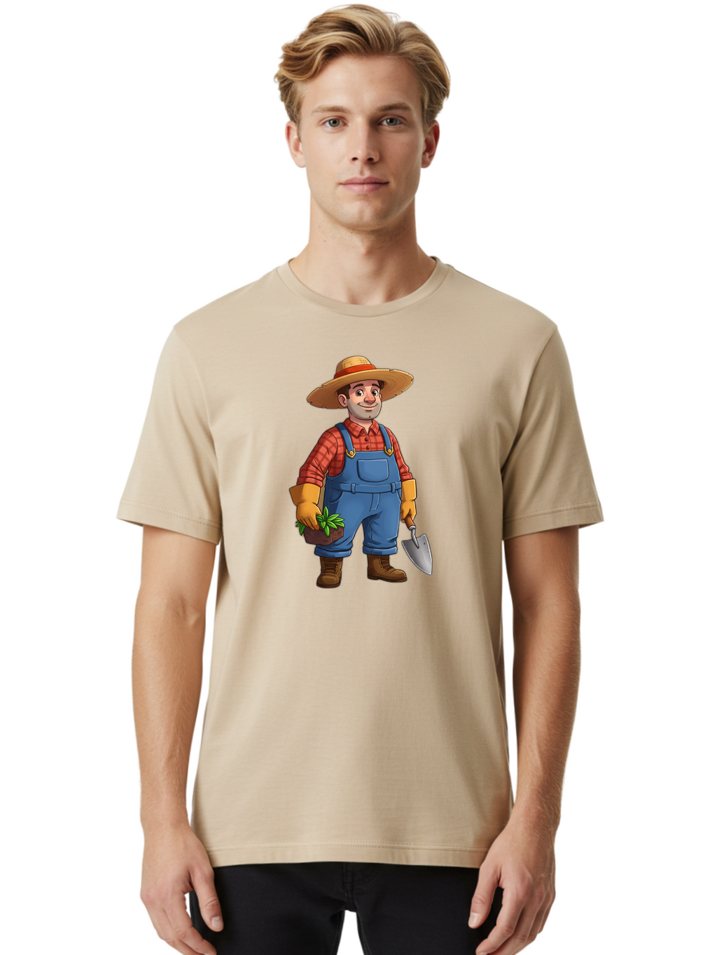Farmer Men'S Graphic Tee, 100% Cotton, Comfortable Casual Summer Wear, Machine Washable, Gardener Holding Plant And Shovel, Gardening Tools, Outdoor Work, Farming Attire, Plaid Shirt, Overalls, Straw Hat, Agricultural Work, Gardening Gloves Baa666