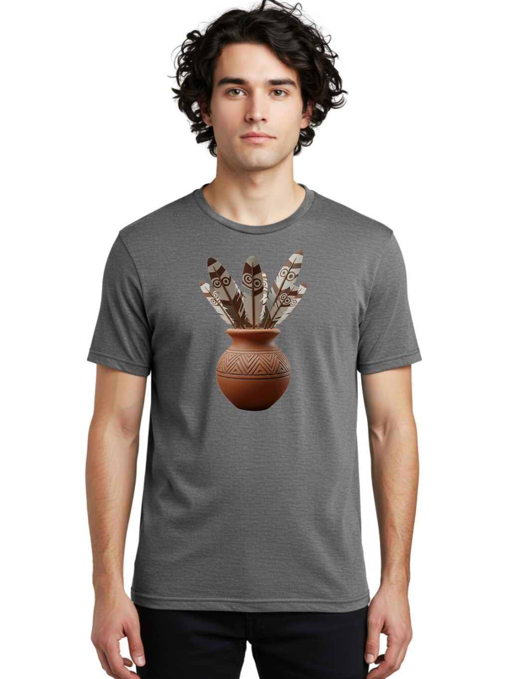 Feathers-In-Clay-Pot Men'S Graphic Tee, 100% Cotton, Comfortable Casual Summer Wear, Machine Washable, Clay Pot, Decorative Feathers, Native American Symbols, Tribal Patterns, Artistic Design, Cultural Heritage, Traditional Craftsmanship, Baa667