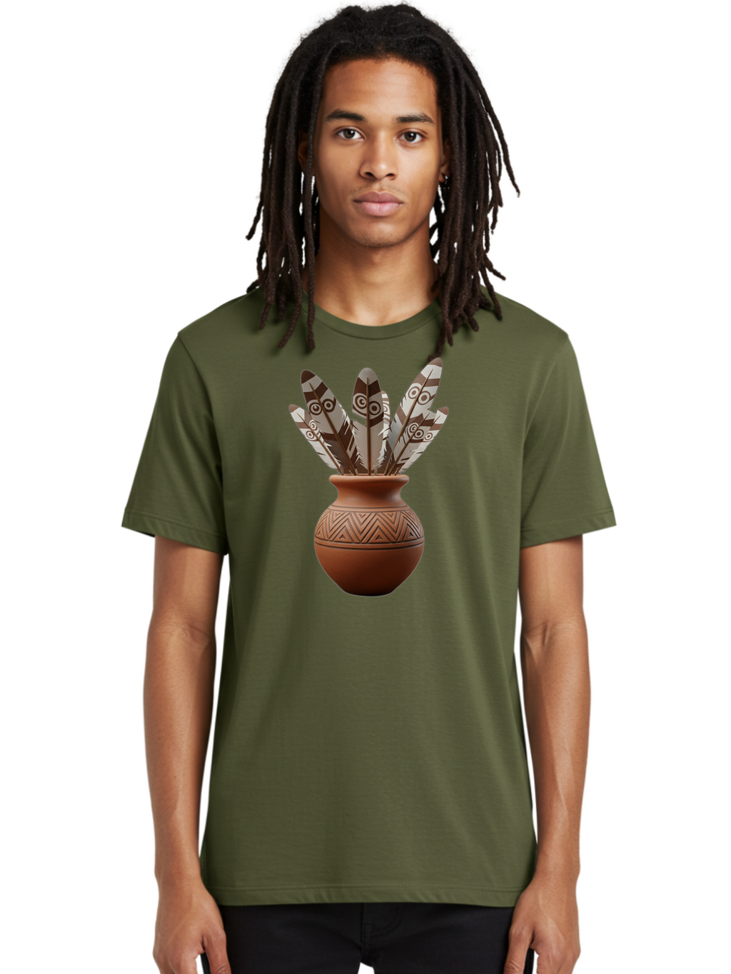 Feathers-In-Clay-Pot Men'S Graphic Tee, 100% Cotton, Comfortable Casual Summer Wear, Machine Washable, Clay Pot, Decorative Feathers, Native American Symbols, Tribal Patterns, Artistic Design, Cultural Heritage, Traditional Craftsmanship, Baa667
