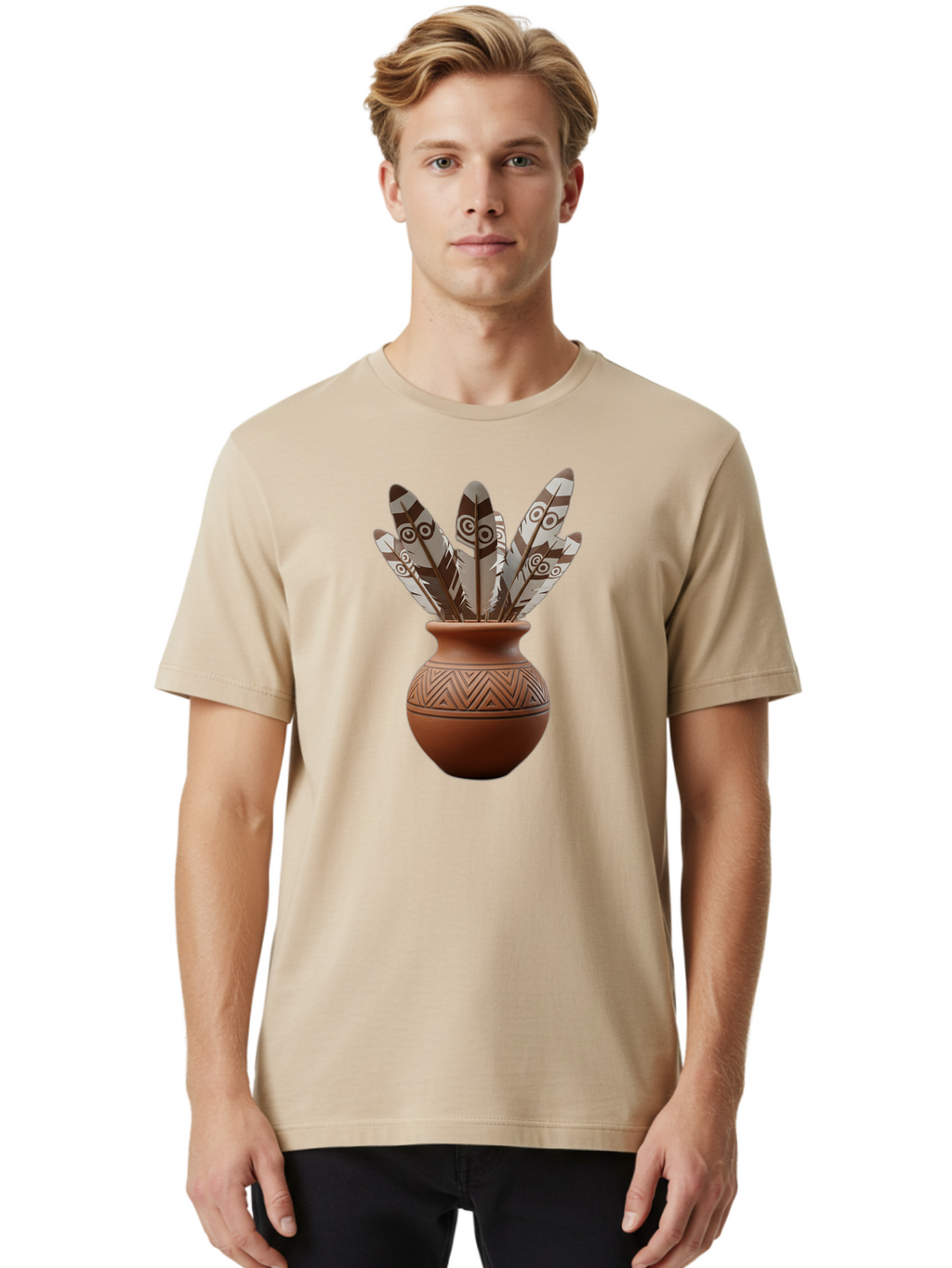 Feathers-In-Clay-Pot Men'S Graphic Tee, 100% Cotton, Comfortable Casual Summer Wear, Machine Washable, Clay Pot, Decorative Feathers, Native American Symbols, Tribal Patterns, Artistic Design, Cultural Heritage, Traditional Craftsmanship, Baa667
