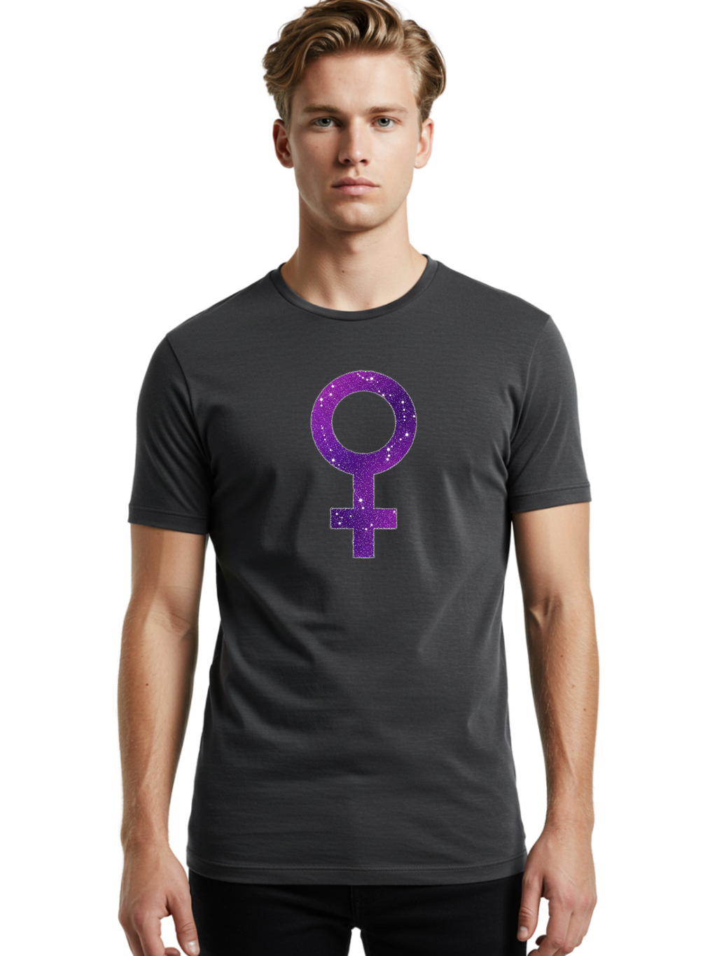 Female-Symbol Men'S Graphic Tee, 100% Cotton, Comfortable Casual Summer Wear, Machine Washable, Female Symbol, Purple Glitter, Sparkling Design, Feminine Power, Astrology Symbol, Women'S Rights, Equality, Empowerment, Feminist Icon Baa668