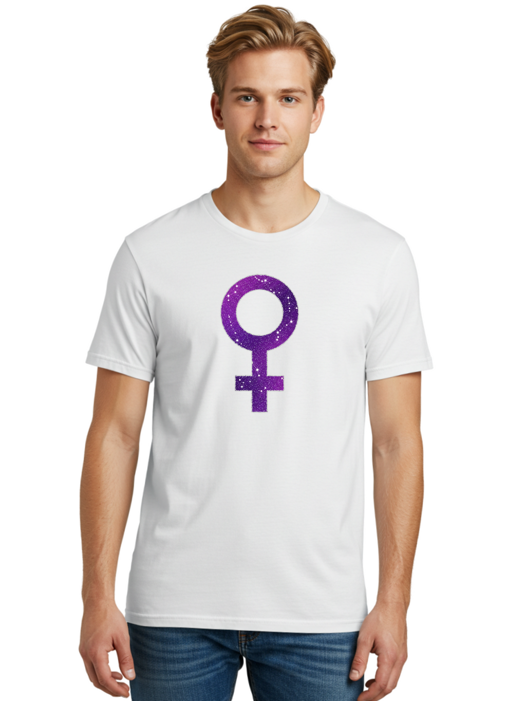 Female-Symbol Men'S Graphic Tee, 100% Cotton, Comfortable Casual Summer Wear, Machine Washable, Female Symbol, Purple Glitter, Sparkling Design, Feminine Power, Astrology Symbol, Women'S Rights, Equality, Empowerment, Feminist Icon Baa668