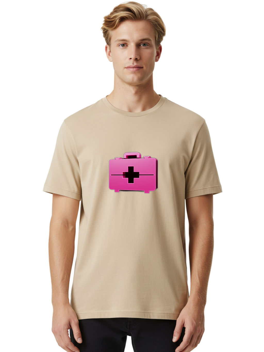 First-Aid-Kit-5 Men'S Graphic Tee, 100% Cotton, Comfortable Casual Summer Wear, Machine Washable, Pink First Aid Kit, Medical Supplies, Health Care, Emergency Kit, Black Cross Symbol, Medical Emergency, First Aid Supplies Baa679