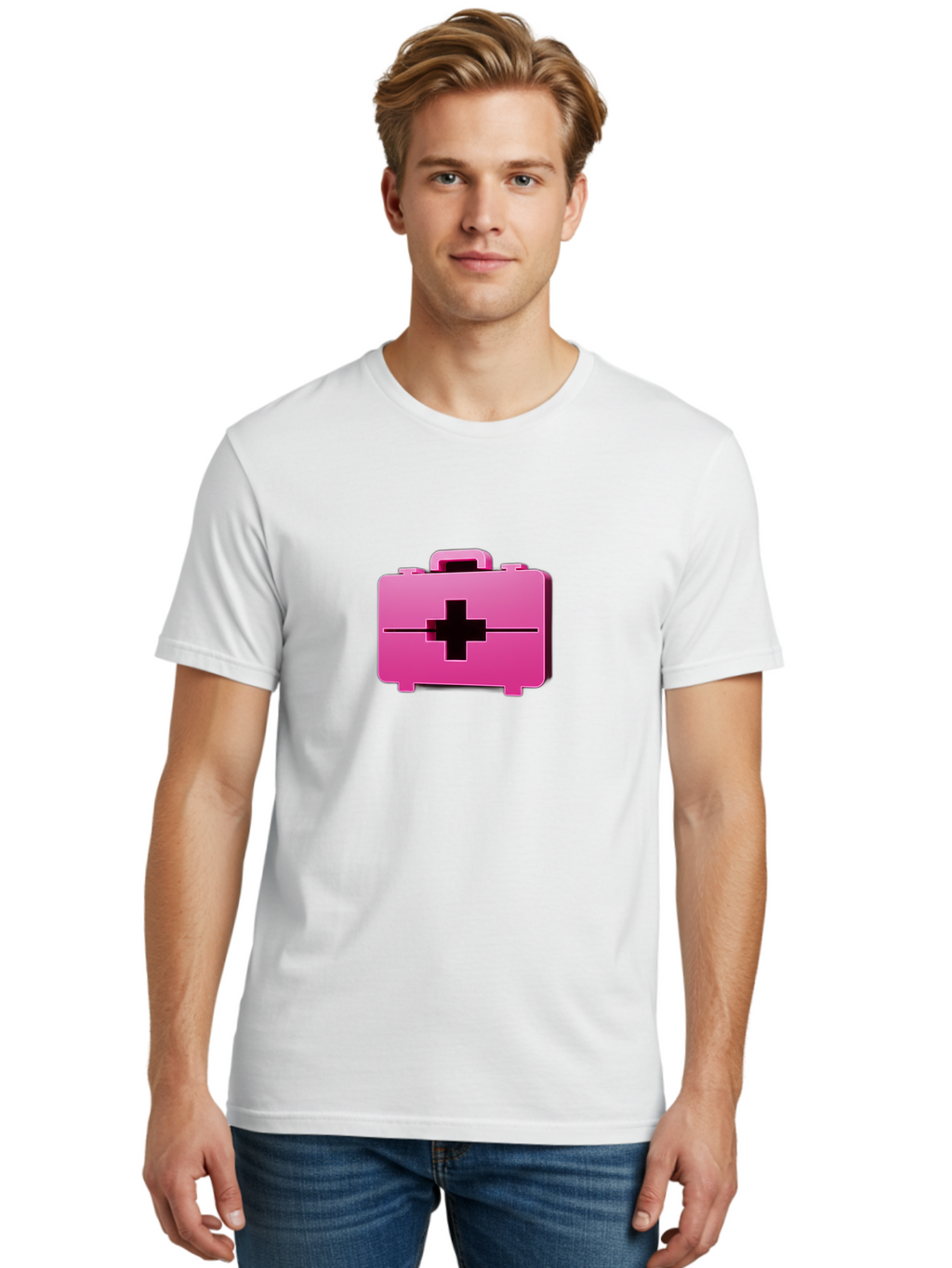 First-Aid-Kit-5 Men'S Graphic Tee, 100% Cotton, Comfortable Casual Summer Wear, Machine Washable, Pink First Aid Kit, Medical Supplies, Health Care, Emergency Kit, Black Cross Symbol, Medical Emergency, First Aid Supplies Baa679