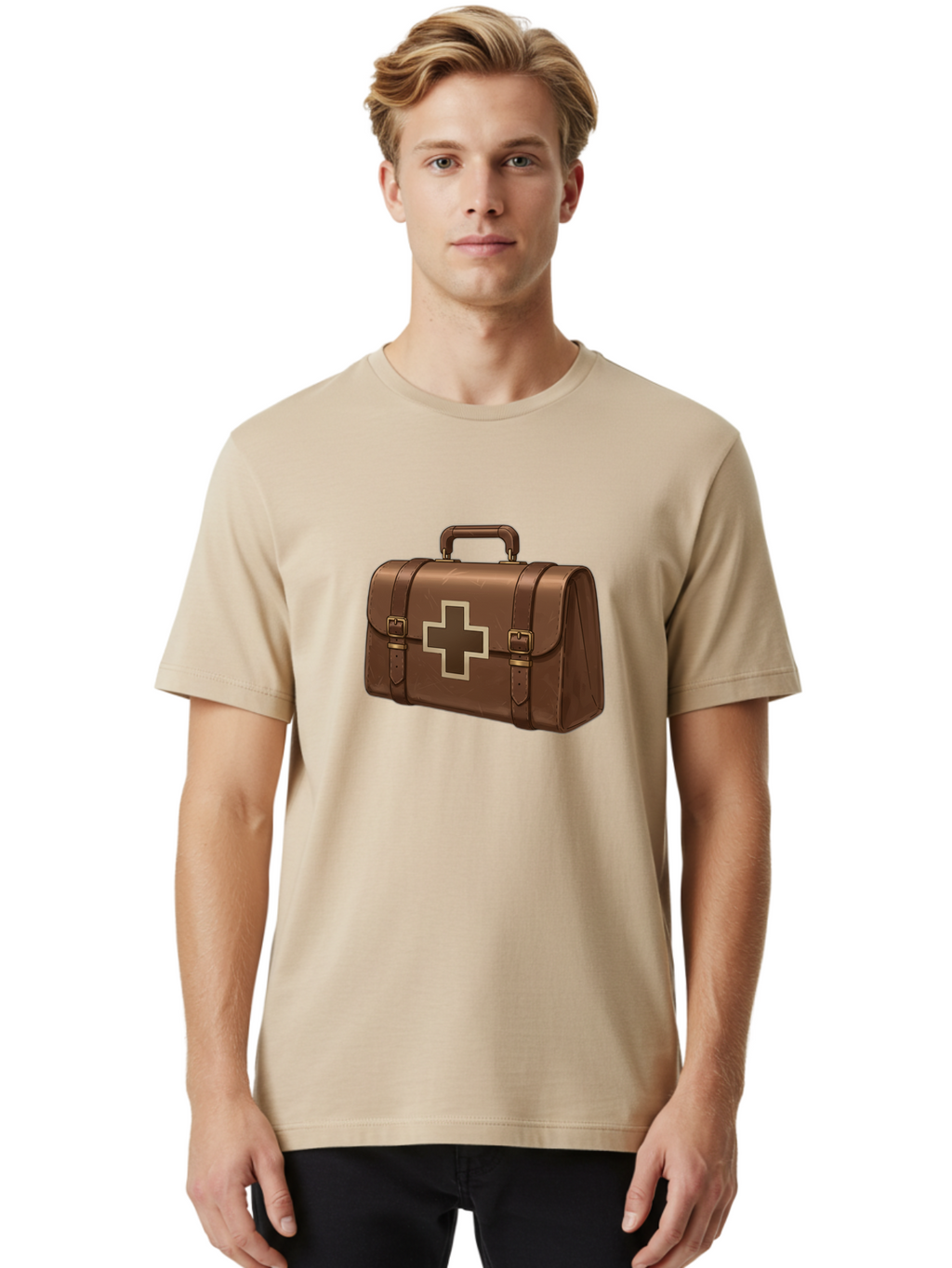 First-Aid-Kit-6 Men'S Graphic Tee, 100% Cotton, Comfortable Casual Summer Wear, Machine Washable, Brown Leather First Aid Kit, Medical Bag, Red Cross Symbol, Emergency Supplies, Healthcare Equipment, Medical Care Baa680