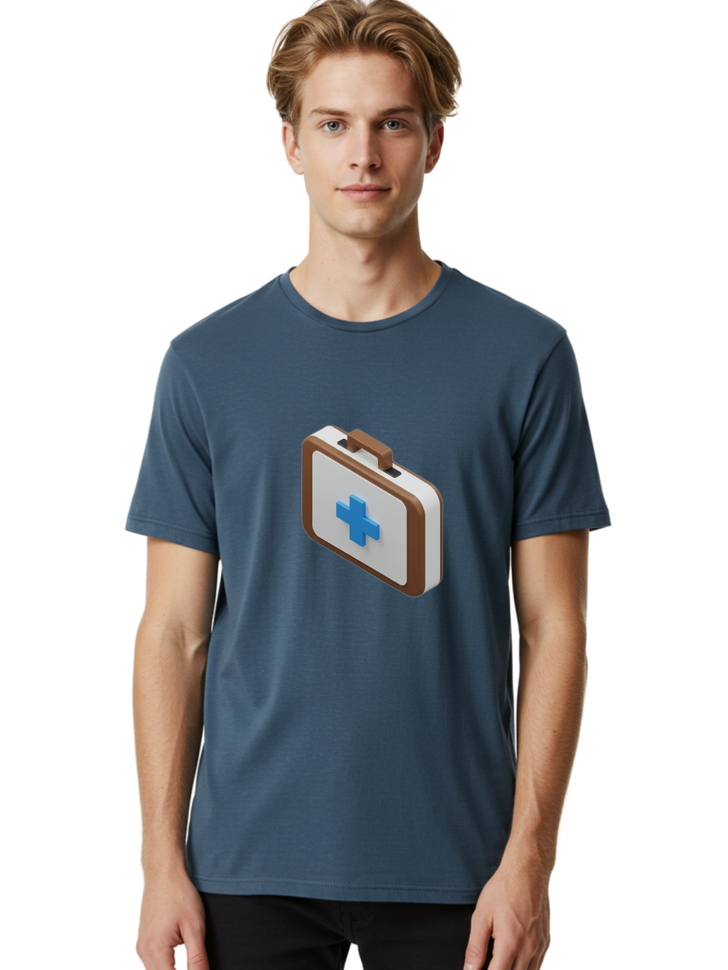 First-Aid-Kit-7 Men'S Graphic Tee, 100% Cotton, Comfortable Casual Summer Wear, Machine Washable, First Aid Kit, Medical Supplies, Health Care, Emergency Preparedness, Blue Cross Symbol, Brown Handle, White Case, Medical Emergency, Baa681