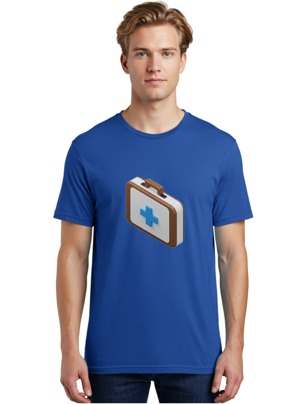 First-Aid-Kit-7 Men'S Graphic Tee, 100% Cotton, Comfortable Casual Summer Wear, Machine Washable, First Aid Kit, Medical Supplies, Health Care, Emergency Preparedness, Blue Cross Symbol, Brown Handle, White Case, Medical Emergency, Baa681