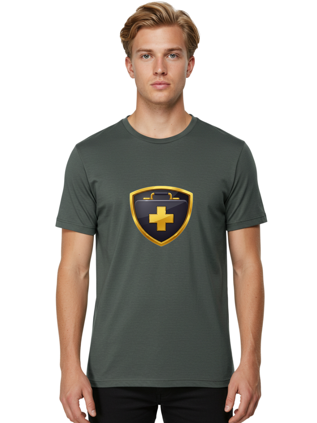First-Aid-Kit-Shield Men'S Graphic Tee, 100% Cotton, Comfortable Casual Summer Wear, Machine Washable, First Aid Kit, Medical Shield, Healthcare Logo, Gold Cross, Emergency Medical Services, Medical Supplies, Health Protection, Safety Icon Baa684