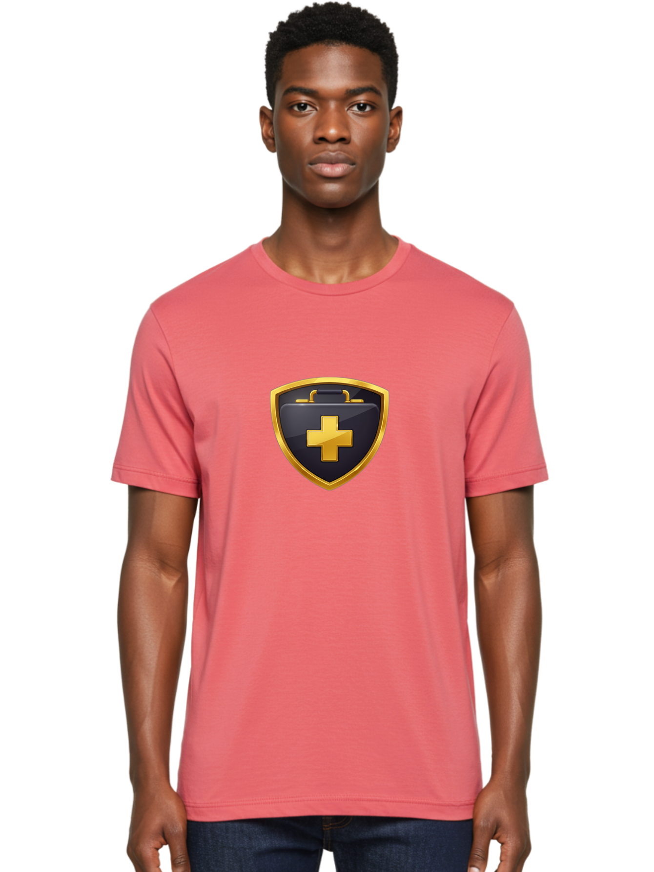 First-Aid-Kit-Shield Men'S Graphic Tee, 100% Cotton, Comfortable Casual Summer Wear, Machine Washable, First Aid Kit, Medical Shield, Healthcare Logo, Gold Cross, Emergency Medical Services, Medical Supplies, Health Protection, Safety Icon Baa684
