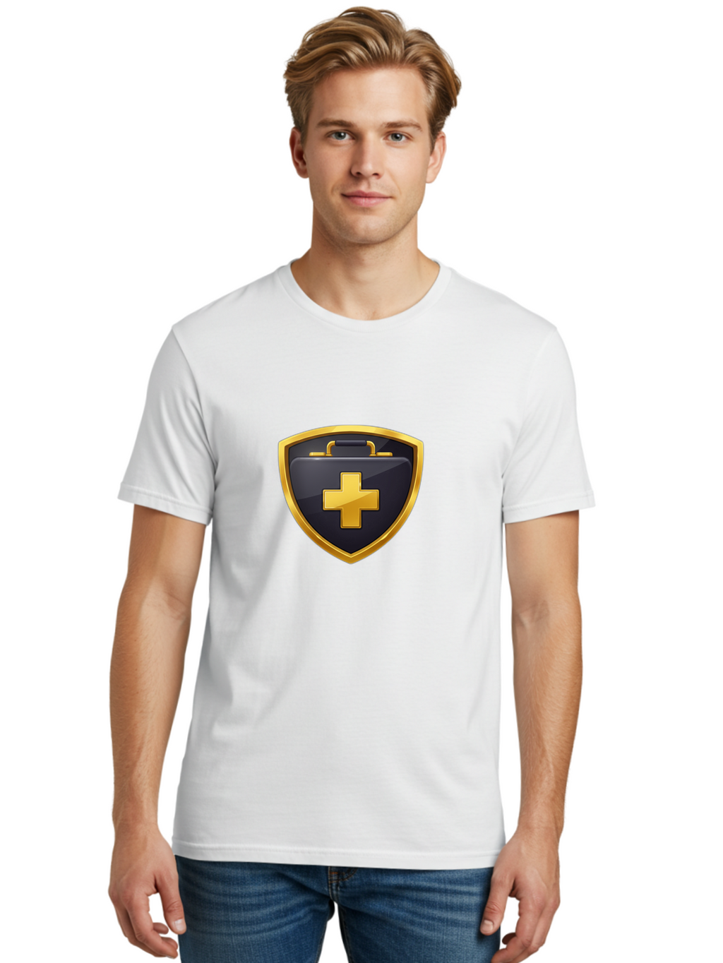 First-Aid-Kit-Shield Men'S Graphic Tee, 100% Cotton, Comfortable Casual Summer Wear, Machine Washable, First Aid Kit, Medical Shield, Healthcare Logo, Gold Cross, Emergency Medical Services, Medical Supplies, Health Protection, Safety Icon Baa684