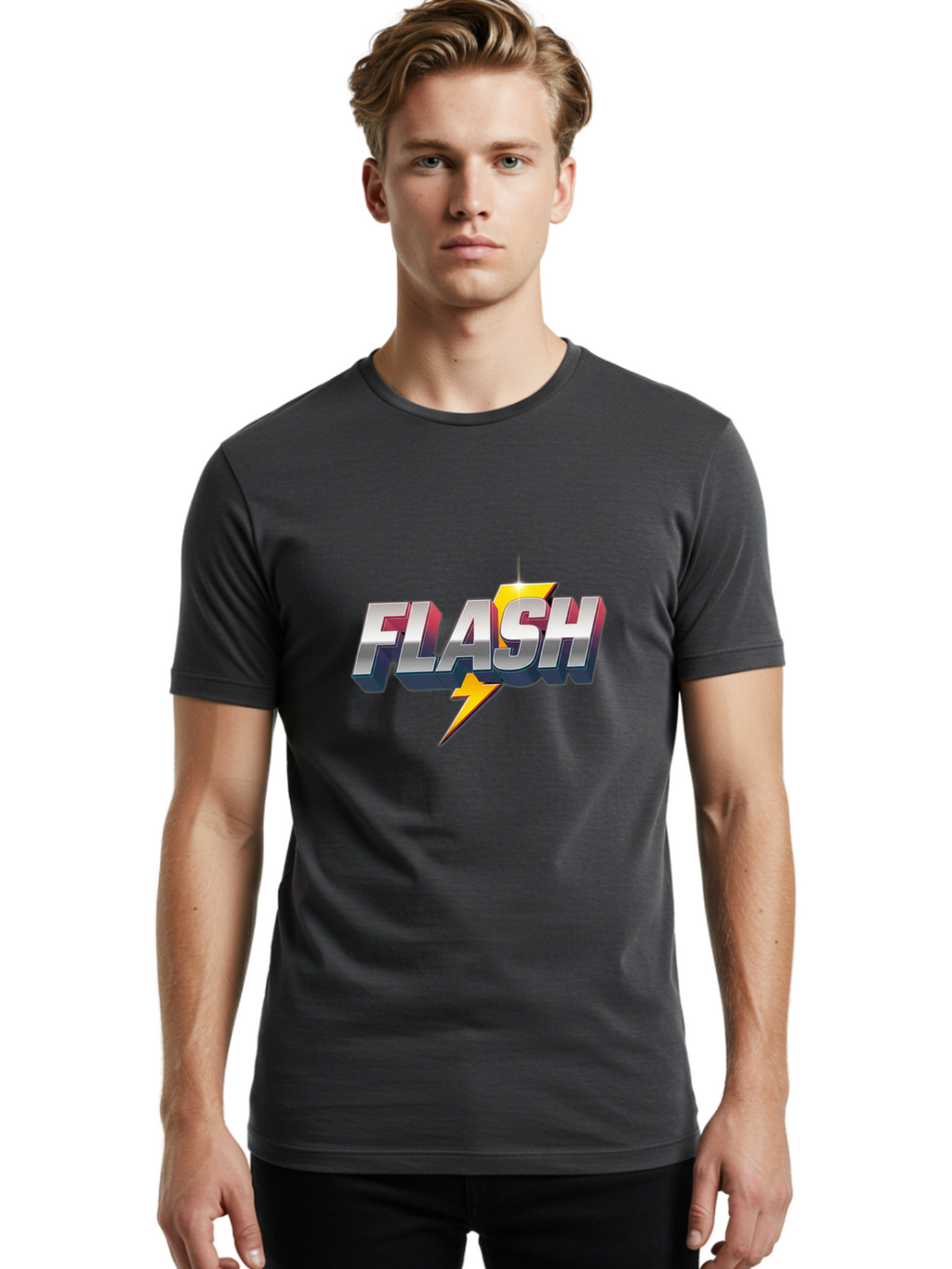 Flash Men'S Graphic Tee, 100% Cotton, Comfortable Casual Summer Wear, Machine Washable, Silver 3D Text, Yellow Lightning Bolt, Super Speed, Superhero Logo, Comic Book Style, Dynamic Graphics, Energetic Vibe, Bold Typography Baa686