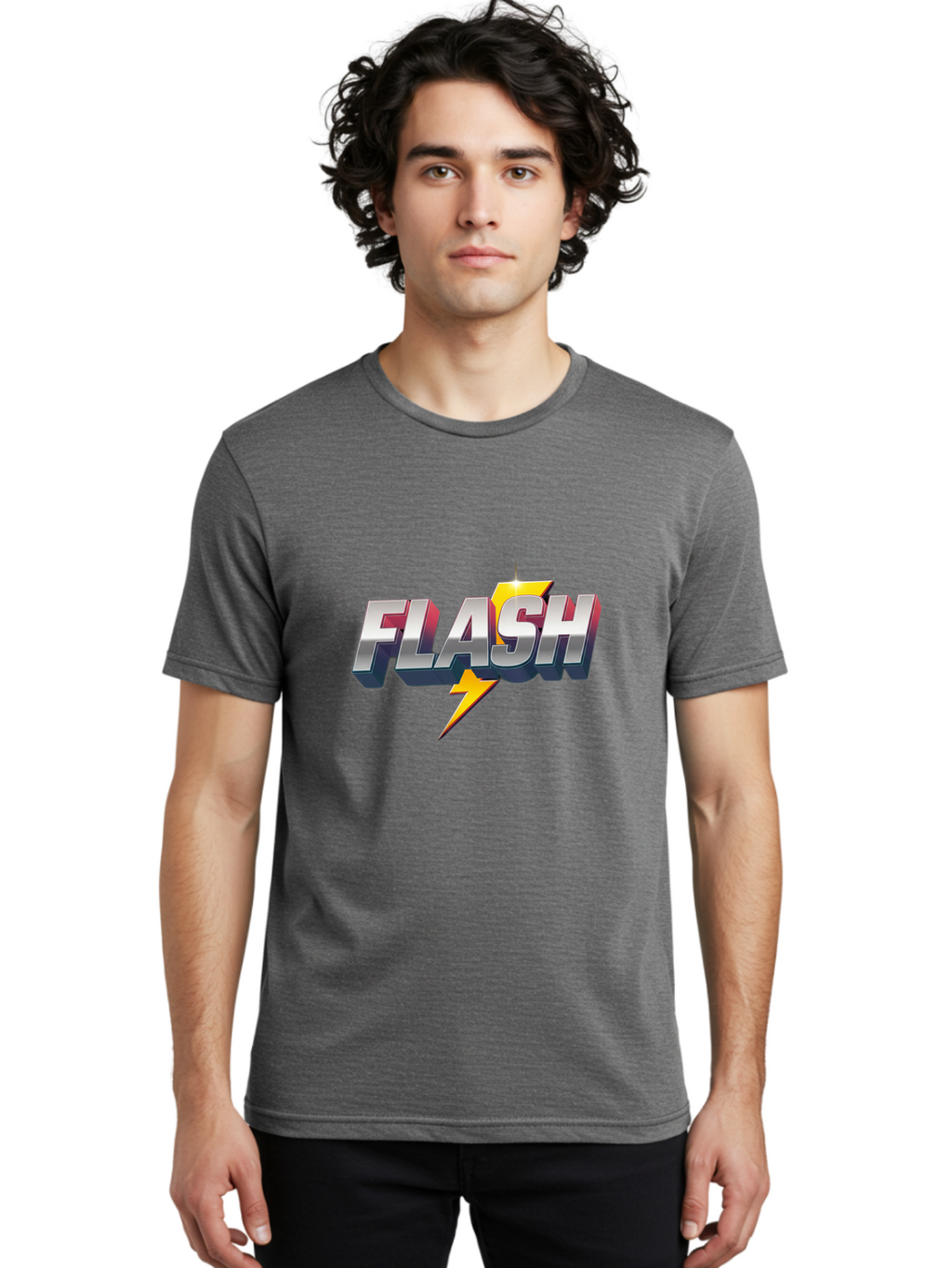 Flash Men'S Graphic Tee, 100% Cotton, Comfortable Casual Summer Wear, Machine Washable, Silver 3D Text, Yellow Lightning Bolt, Super Speed, Superhero Logo, Comic Book Style, Dynamic Graphics, Energetic Vibe, Bold Typography Baa686