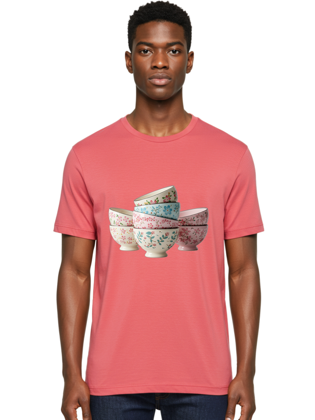 Floral-Bowls Men'S Graphic Tee, 100% Cotton, Comfortable Casual Summer Wear, Machine Washable, Floral Pattern, Delicate Flowers, Pastel Colors, Ceramic Bowls, Tableware, Home Decor, Vintage Style, Kitchen Essentials, Dinnerware, Elegant Design Baa687