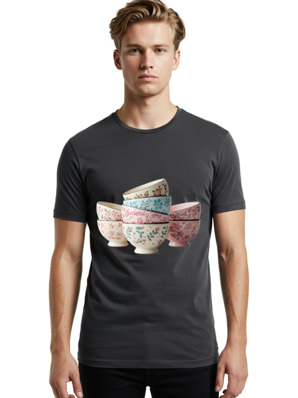 Floral-Bowls Men'S Graphic Tee, 100% Cotton, Comfortable Casual Summer Wear, Machine Washable, Floral Pattern, Delicate Flowers, Pastel Colors, Ceramic Bowls, Tableware, Home Decor, Vintage Style, Kitchen Essentials, Dinnerware, Elegant Design Baa687
