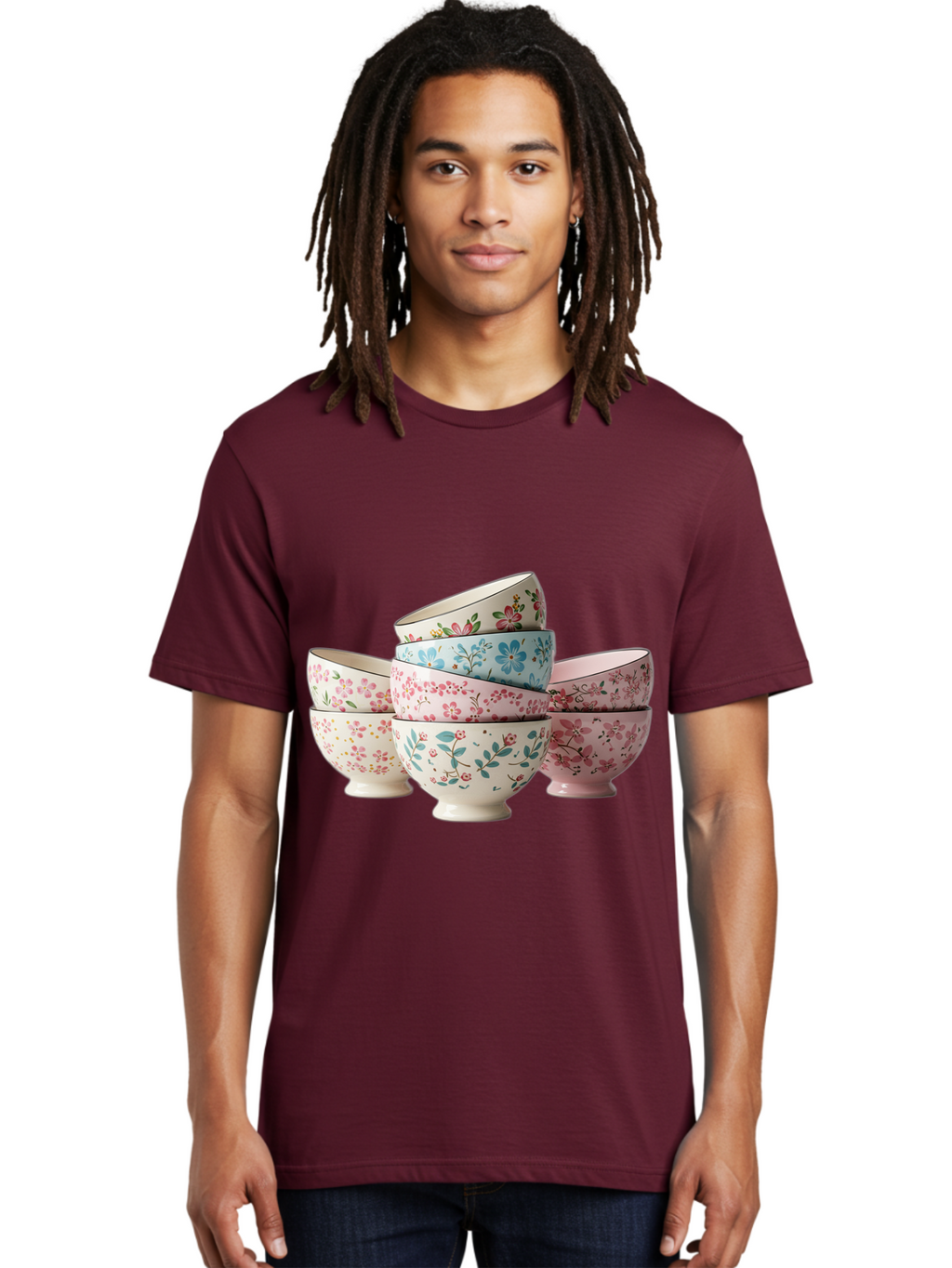 Floral-Bowls Men'S Graphic Tee, 100% Cotton, Comfortable Casual Summer Wear, Machine Washable, Floral Pattern, Delicate Flowers, Pastel Colors, Ceramic Bowls, Tableware, Home Decor, Vintage Style, Kitchen Essentials, Dinnerware, Elegant Design Baa687