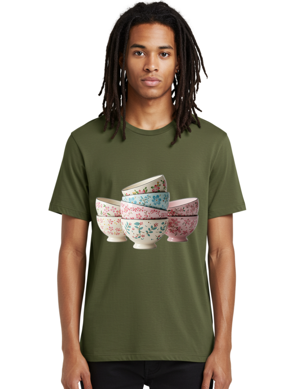Floral-Bowls Men'S Graphic Tee, 100% Cotton, Comfortable Casual Summer Wear, Machine Washable, Floral Pattern, Delicate Flowers, Pastel Colors, Ceramic Bowls, Tableware, Home Decor, Vintage Style, Kitchen Essentials, Dinnerware, Elegant Design Baa687