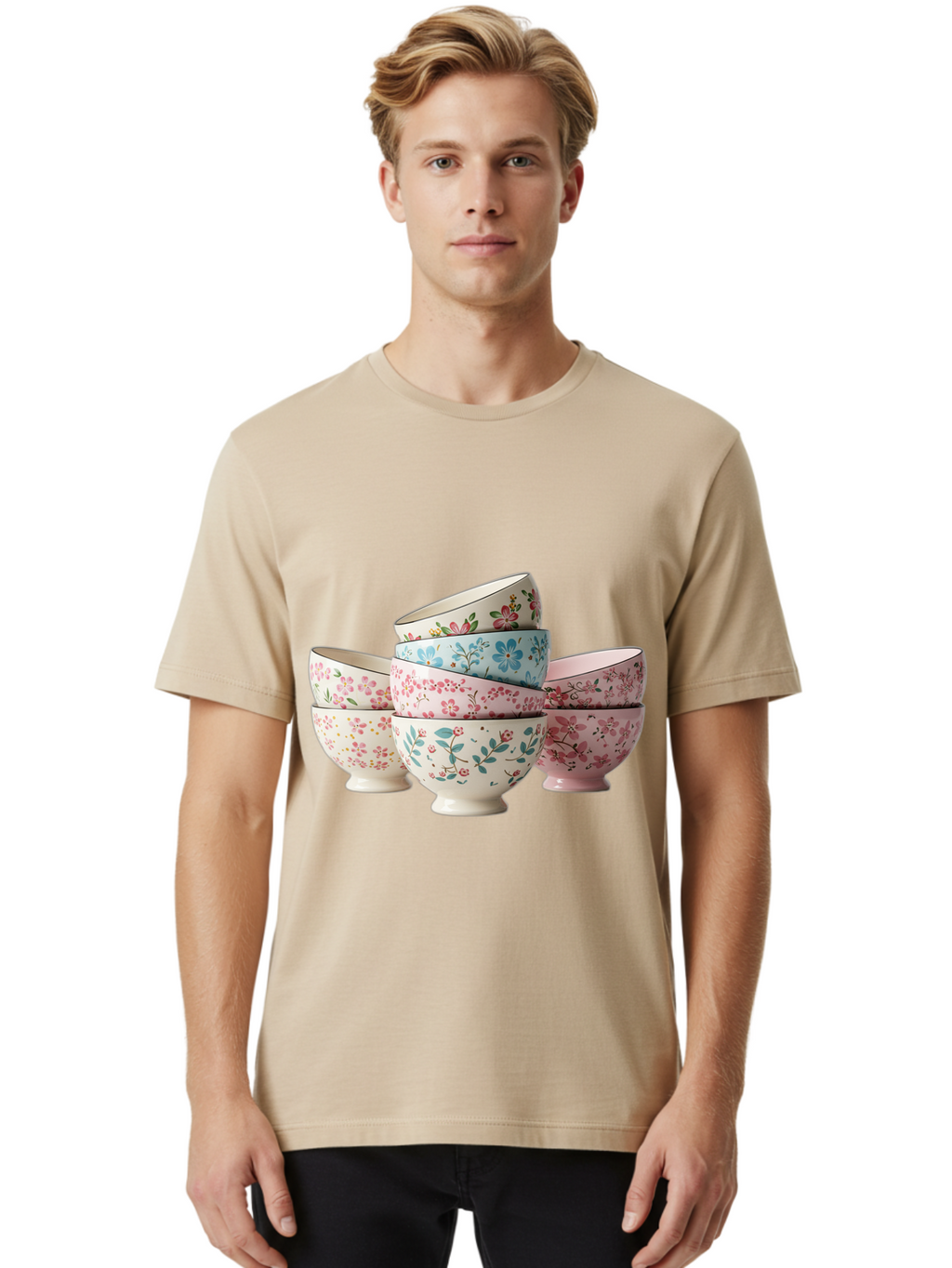Floral-Bowls Men'S Graphic Tee, 100% Cotton, Comfortable Casual Summer Wear, Machine Washable, Floral Pattern, Delicate Flowers, Pastel Colors, Ceramic Bowls, Tableware, Home Decor, Vintage Style, Kitchen Essentials, Dinnerware, Elegant Design Baa687