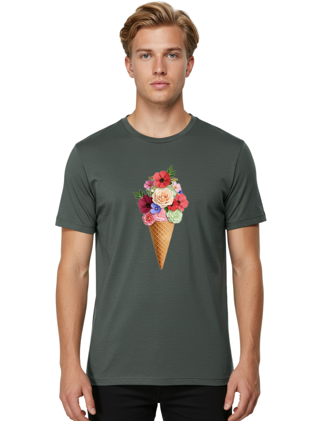 Flower-Ice-Cream-Cone Men'S Graphic Tee, 100% Cotton, Comfortable Casual Summer Wear, Machine Washable, Ice Cream Cone, Flowers, Floral Arrangement, Roses, Poppies, Pastel Colors, Summer Vibes, Sweet Treats, Creative Design, Floral Bouquet Baa688
