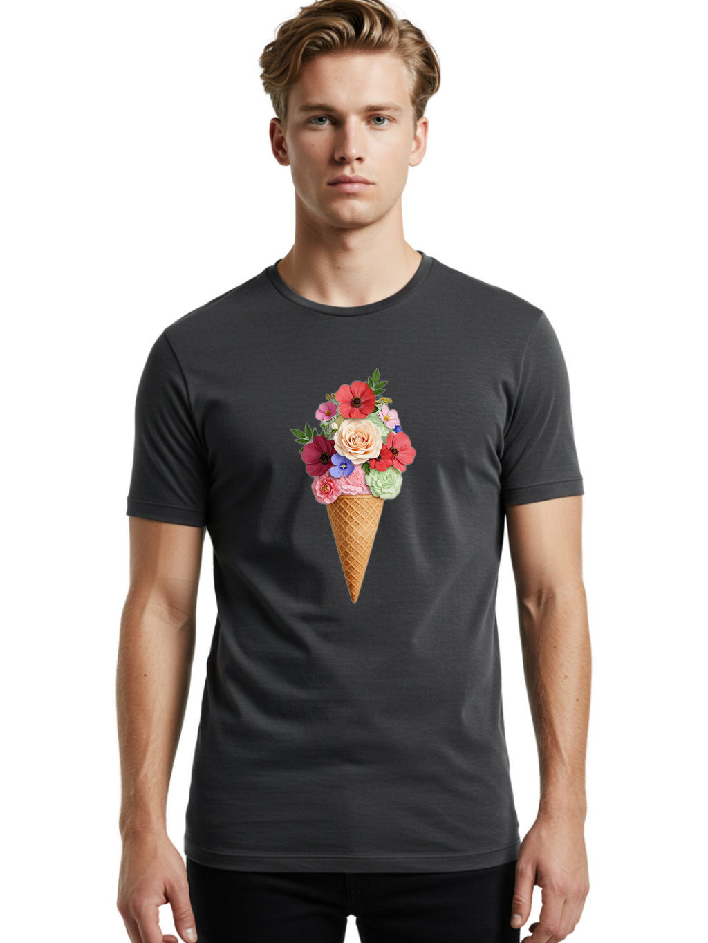 Flower-Ice-Cream-Cone Men'S Graphic Tee, 100% Cotton, Comfortable Casual Summer Wear, Machine Washable, Ice Cream Cone, Flowers, Floral Arrangement, Roses, Poppies, Pastel Colors, Summer Vibes, Sweet Treats, Creative Design, Floral Bouquet Baa688