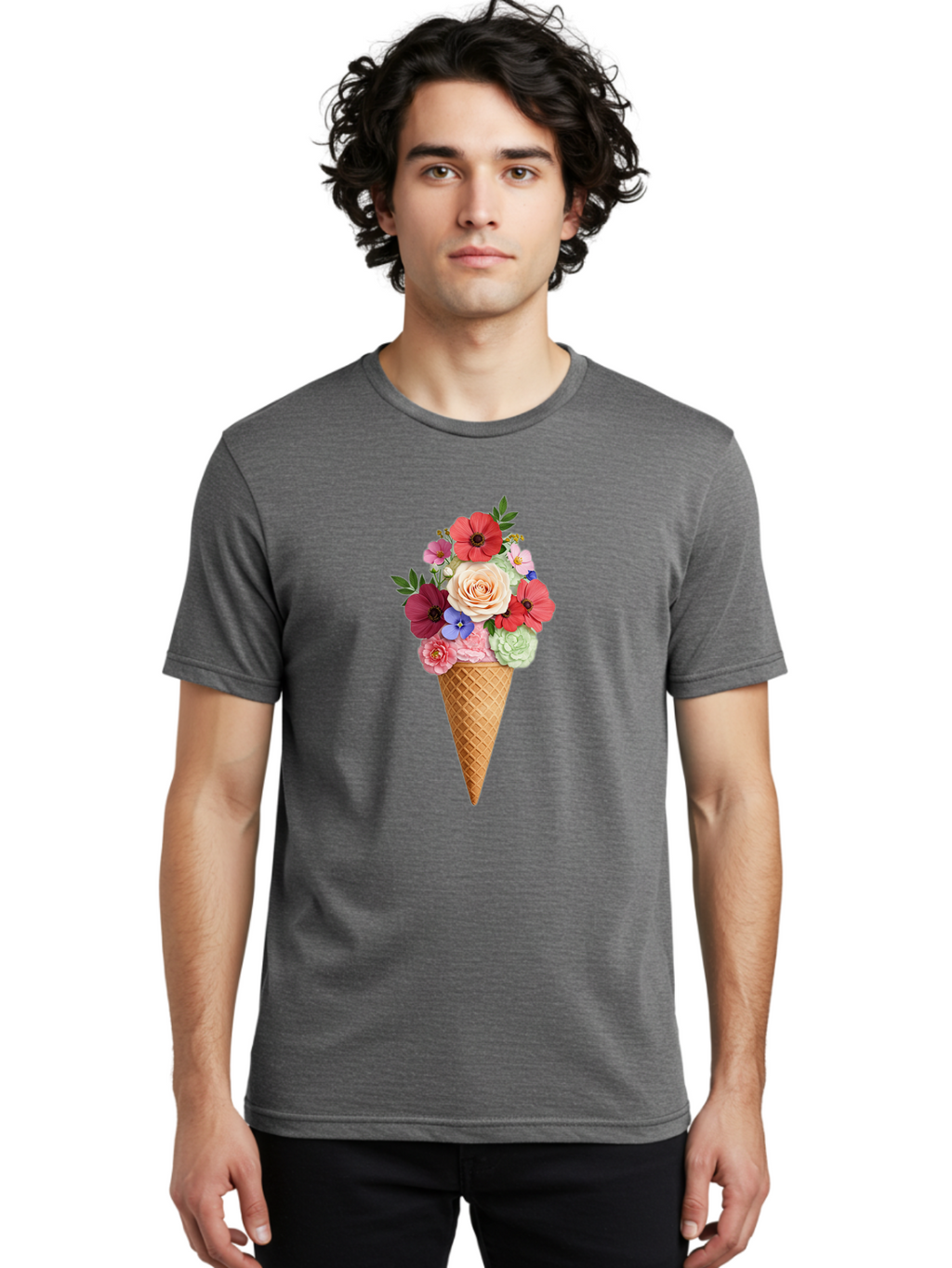 Flower-Ice-Cream-Cone Men'S Graphic Tee, 100% Cotton, Comfortable Casual Summer Wear, Machine Washable, Ice Cream Cone, Flowers, Floral Arrangement, Roses, Poppies, Pastel Colors, Summer Vibes, Sweet Treats, Creative Design, Floral Bouquet Baa688