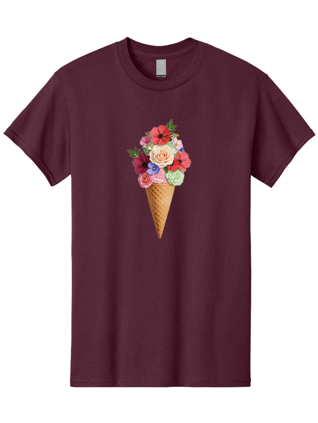 Flower-Ice-Cream-Cone Men'S Graphic Tee, 100% Cotton, Comfortable Casual Summer Wear, Machine Washable, Ice Cream Cone, Flowers, Floral Arrangement, Roses, Poppies, Pastel Colors, Summer Vibes, Sweet Treats, Creative Design, Floral Bouquet Baa688