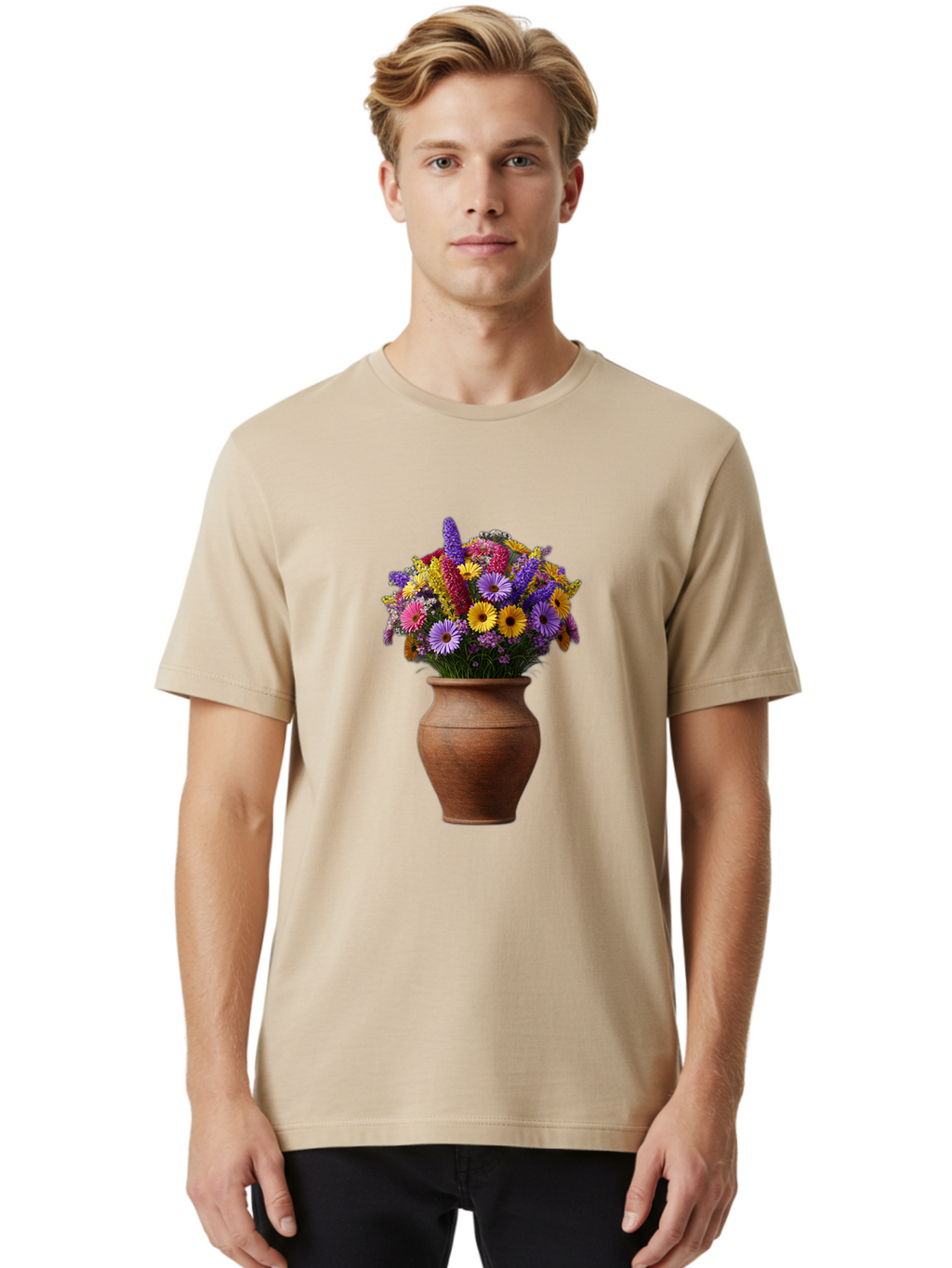Flower-Pot Men'S Graphic Tee, 100% Cotton, Comfortable Casual Summer Wear, Machine Washable, Colorful Flowers, Floral Arrangement, Mixed Blooms, Vibrant Petals, Clay Vase, Flower Bouquet, Wildflowers, Garden Flowers, Floral Decor Baa689