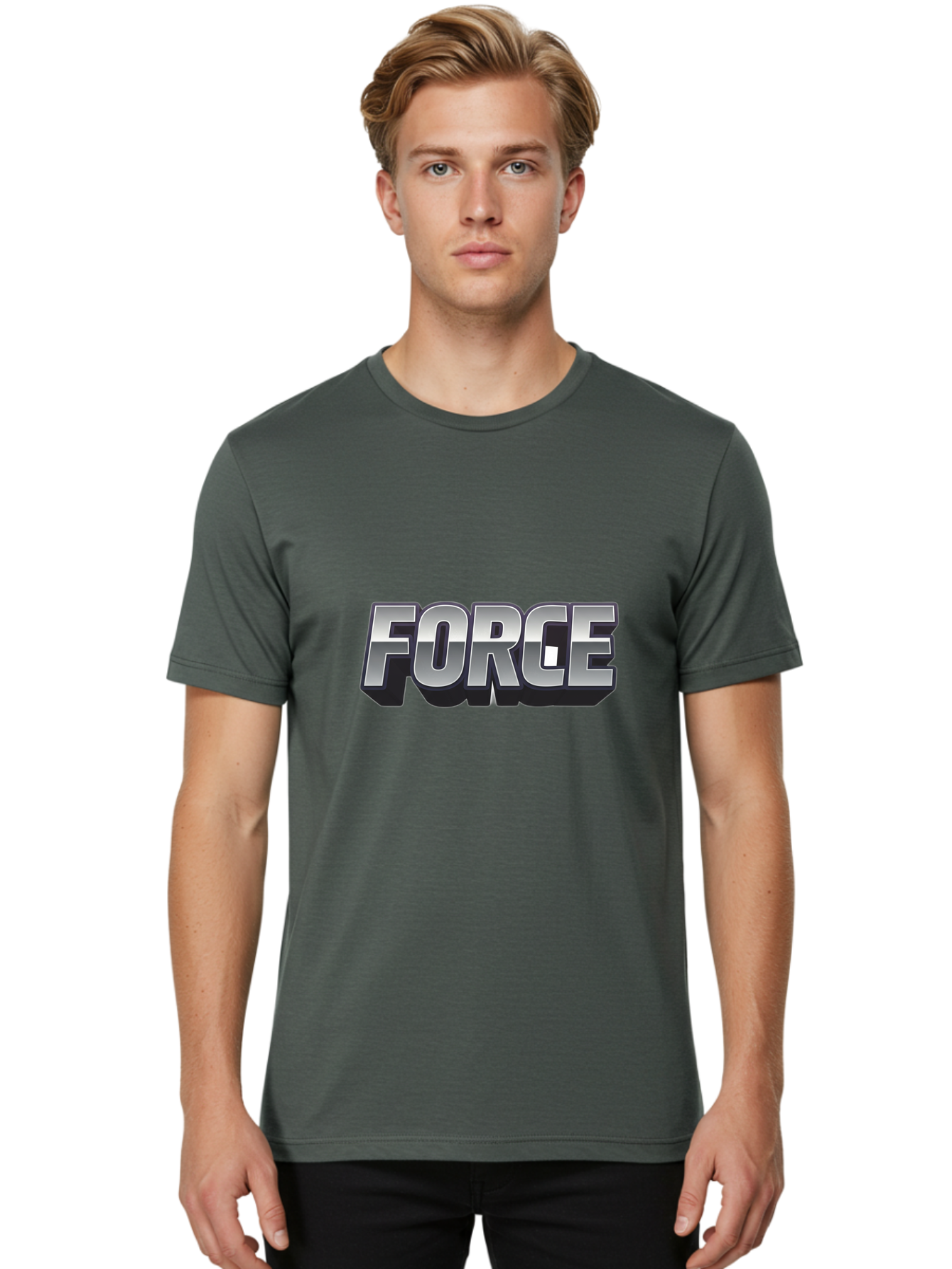 Force Men'S Graphic Tee, 100% Cotton, Comfortable Casual Summer Wear, Machine Washable, Forge Logo, Silver Metallic Text, 3D Effect, Chrome Finish, Bold Typography, Modern Design, Strength Symbol, Power Emblem, Industrial Branding Baa690