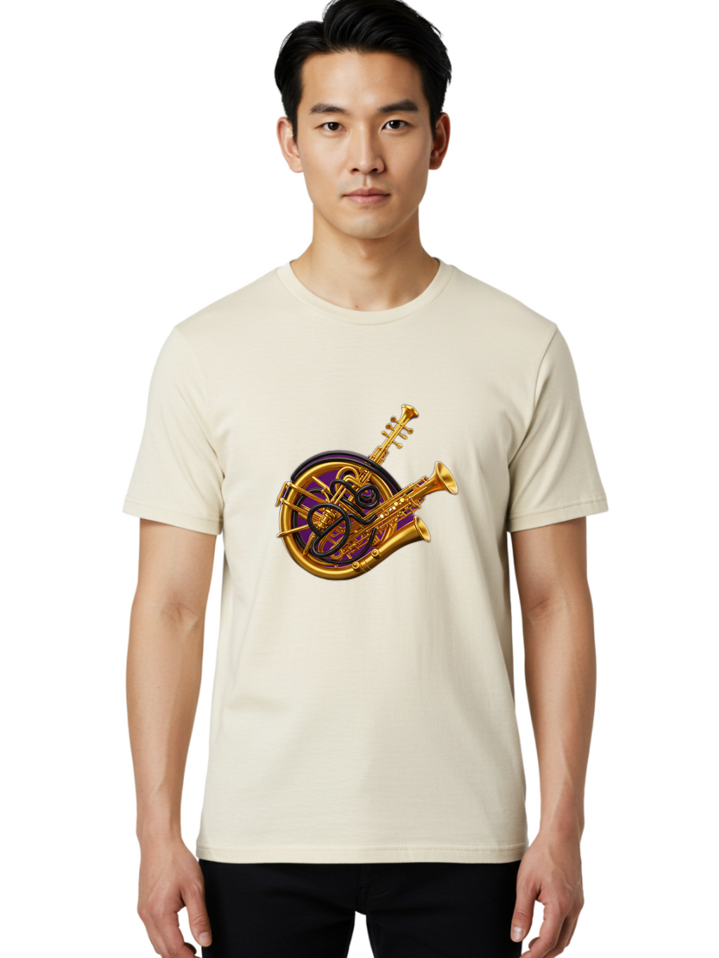 French-Horn-Trumpet-Saxophone Men'S Graphic Tee, 100% Cotton, Comfortable Casual Summer Wear, Machine Washable, Brass Instruments, French Horn, Trumpet, Saxophone, Musical Instruments, Jazz Music, Classical Music, Musical Composition Baa691