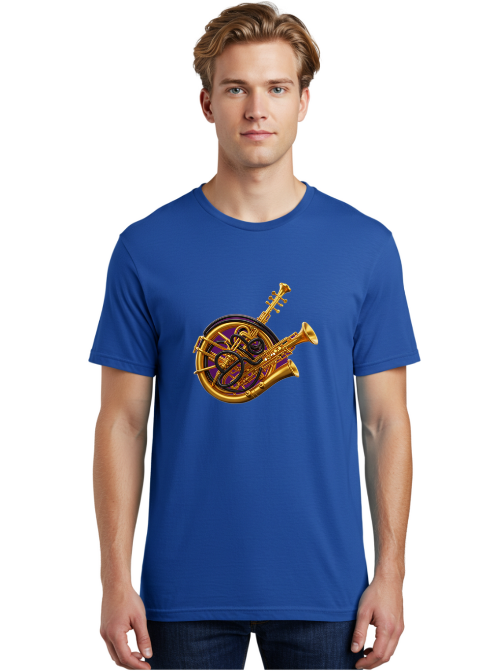 French-Horn-Trumpet-Saxophone Men'S Graphic Tee, 100% Cotton, Comfortable Casual Summer Wear, Machine Washable, Brass Instruments, French Horn, Trumpet, Saxophone, Musical Instruments, Jazz Music, Classical Music, Musical Composition Baa691
