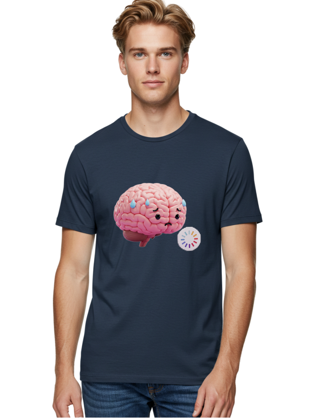 Frowning-Brain Men'S Graphic Tee, 100% Cotton, Comfortable Casual Summer Wear, Machine Washable, Cartoon Brain, Sad Face, Blue Tears, Frowning, Unhappy, Circular Color Palette, Brain Model, Emotional Expression, Human Anatomy Baa692