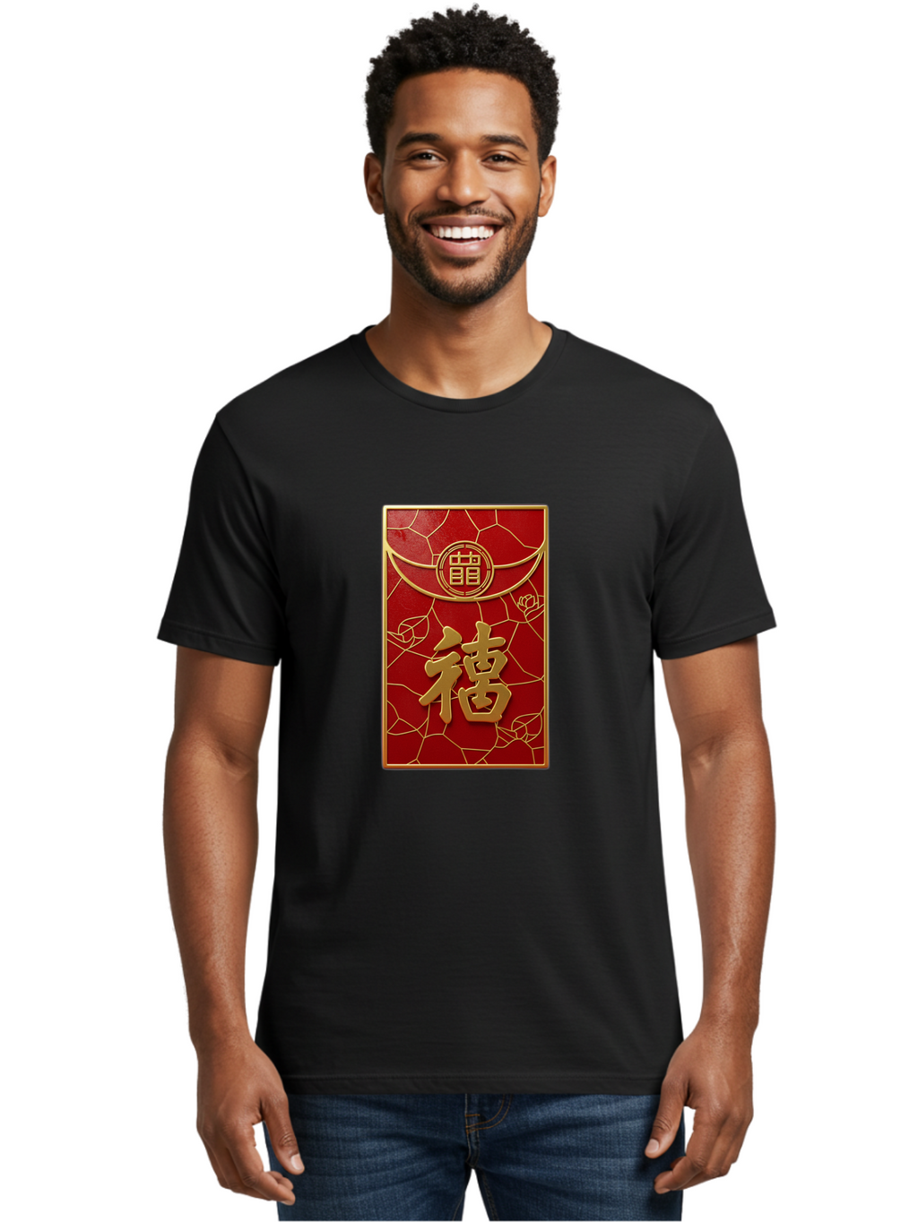Fu-2 Men'S Graphic Tee, 100% Cotton, Comfortable Casual Summer Wear, Machine Washable, Red Envelope, Gold Chinese Characters, Chinese New Year, Prosperity Symbol, Lucky Money, Cultural Heritage, Traditional Gift, Fu Character, Elegant Design, Baa694